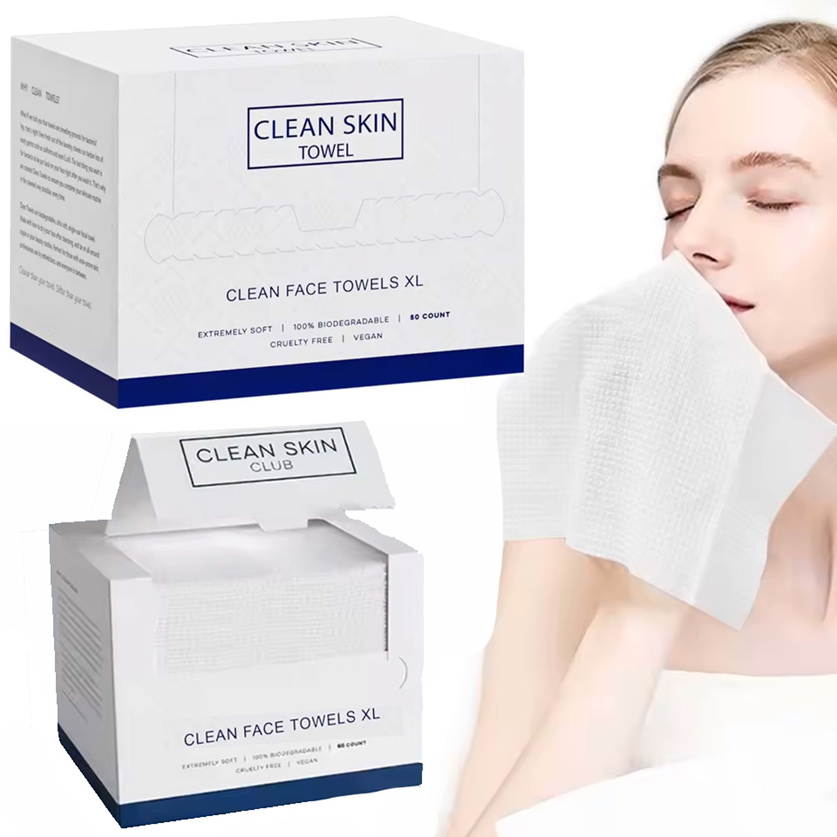Xl Skincare - ผ้าเช็ดหน้าแบบใช้แล้วทิ้ง 50 ชิ้น/กล่อง สำหรับทำความสะอาดผิวหน้า ลบเครื่องสำอาง บำรุงผิวแห้ง