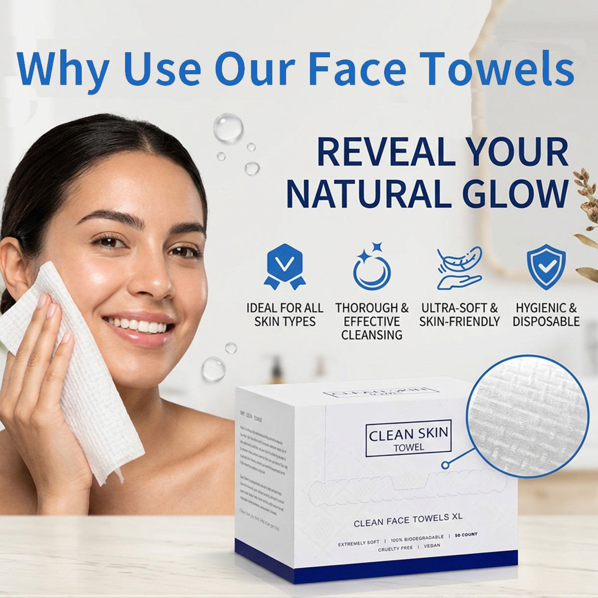 Xl Skincare - ผ้าเช็ดหน้าแบบใช้แล้วทิ้ง 50 ชิ้น/กล่อง สำหรับทำความสะอาดผิวหน้า ลบเครื่องสำอาง บำรุงผิวแห้ง
